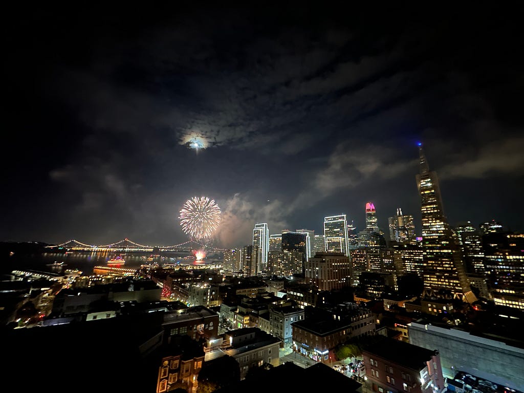 A photograph of the San Francisco skyline at night with fireworks over the Bay Bridge.