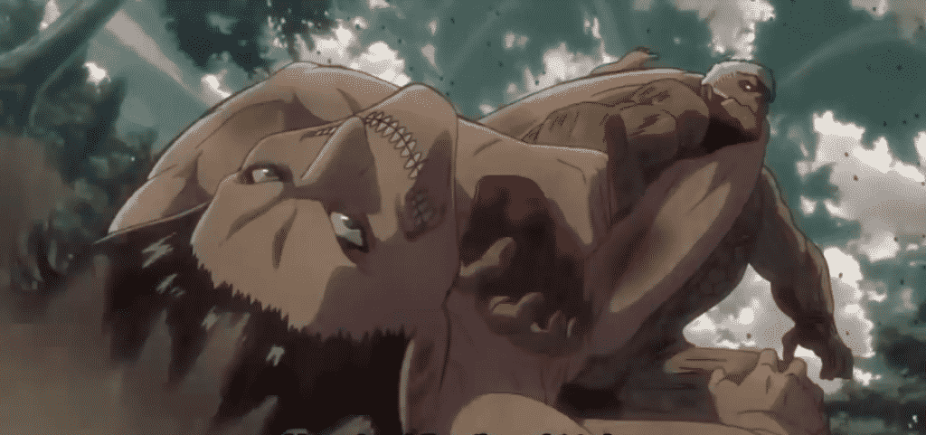 Eren applying a triangle-armbar on Reiner, simultaneously choking him and threatening an arm break.