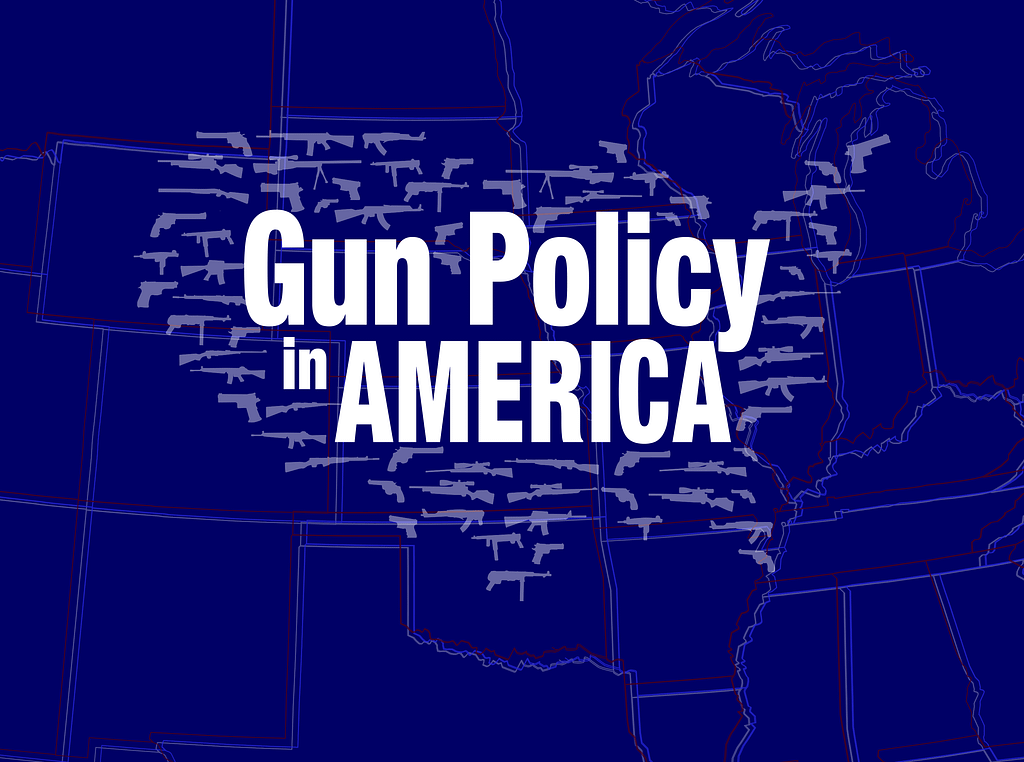 Blue background with guns making up the shape of the United States in white and Gun Policy in America text. Image by Chara Williams/RAND