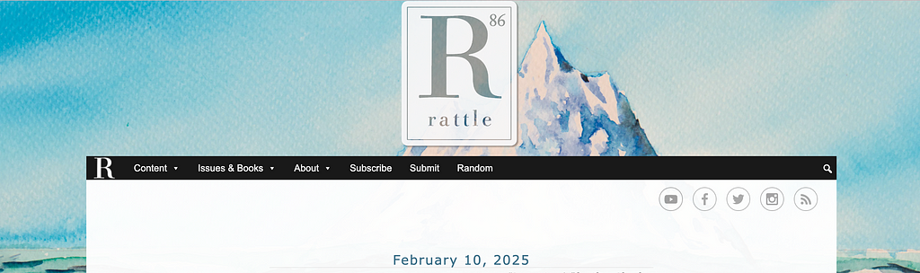 Rattle literary journal website banner: Light blue watercolour background with a central logo featuring ‘86’ over ‘Rattle’ in a rectangle and a stylised mountain peak graphic.