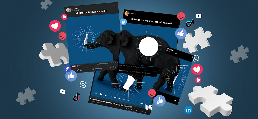 Four screenshots of social media posts, each depicting a piece of an elephant, respectively proclaim that the piece of the elephant pictured is either a snake, a twig, a tree trunk, or a wall. Puzzle pieces, “like” buttons, and social media logos swirl around the posts.