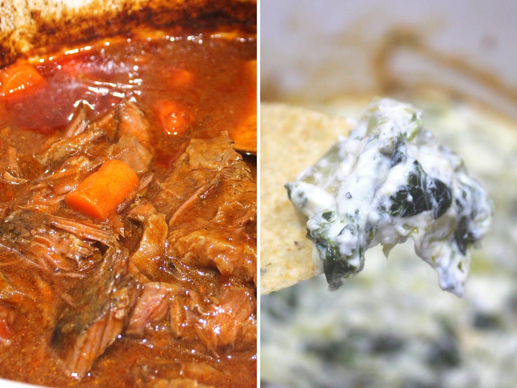 A pot roast (left) and spinach and artichoke dip (right).