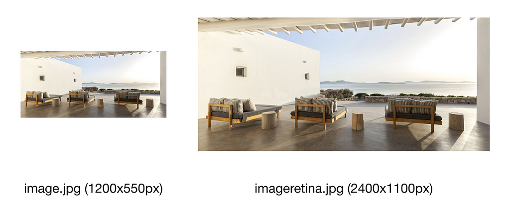 A photo of house terrace displayed twice: image.jpg (1200x500px) and imageretina.jpg (2400x1100px). The second image on the right is bigger than the first.