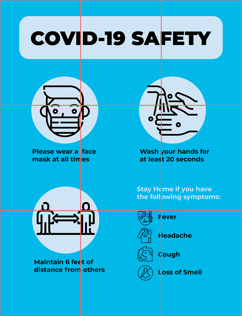 A Coronavirus safety information poster designed using the rule of thirds. The rule of thirds in design is used to concentrate the most important information and graphics along the central intersecting points.