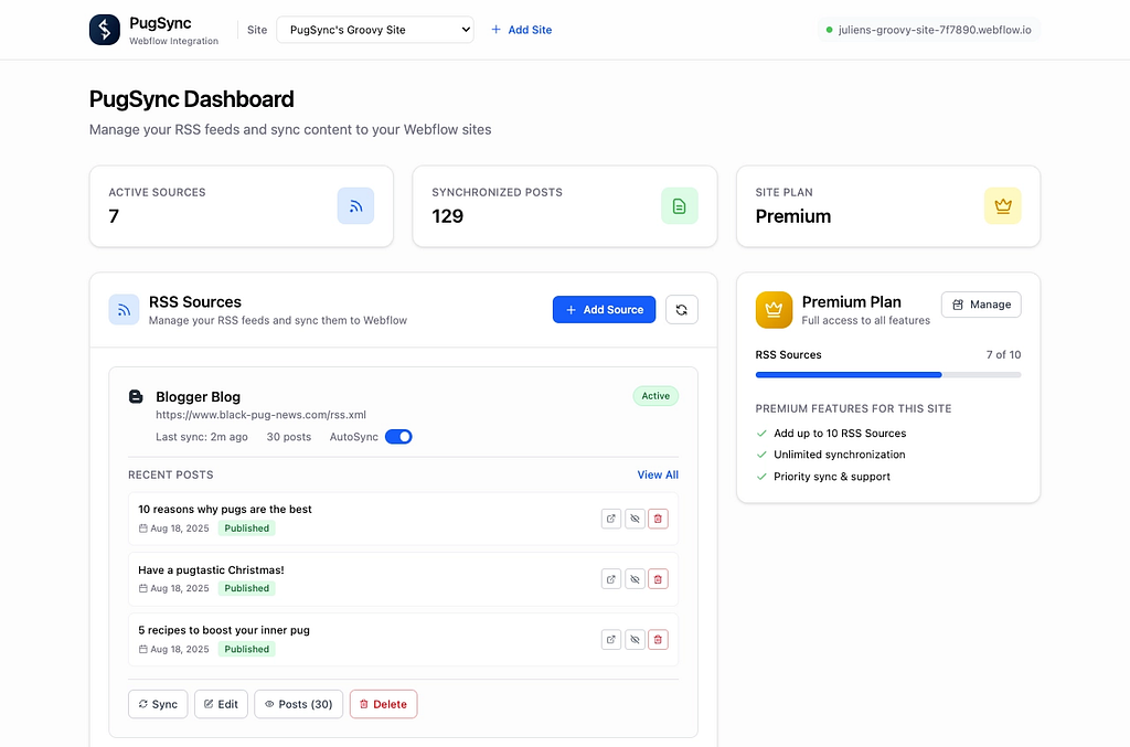 PugSync dashboard managing multiple RSS feed sources for Webflow and Shopify sites.