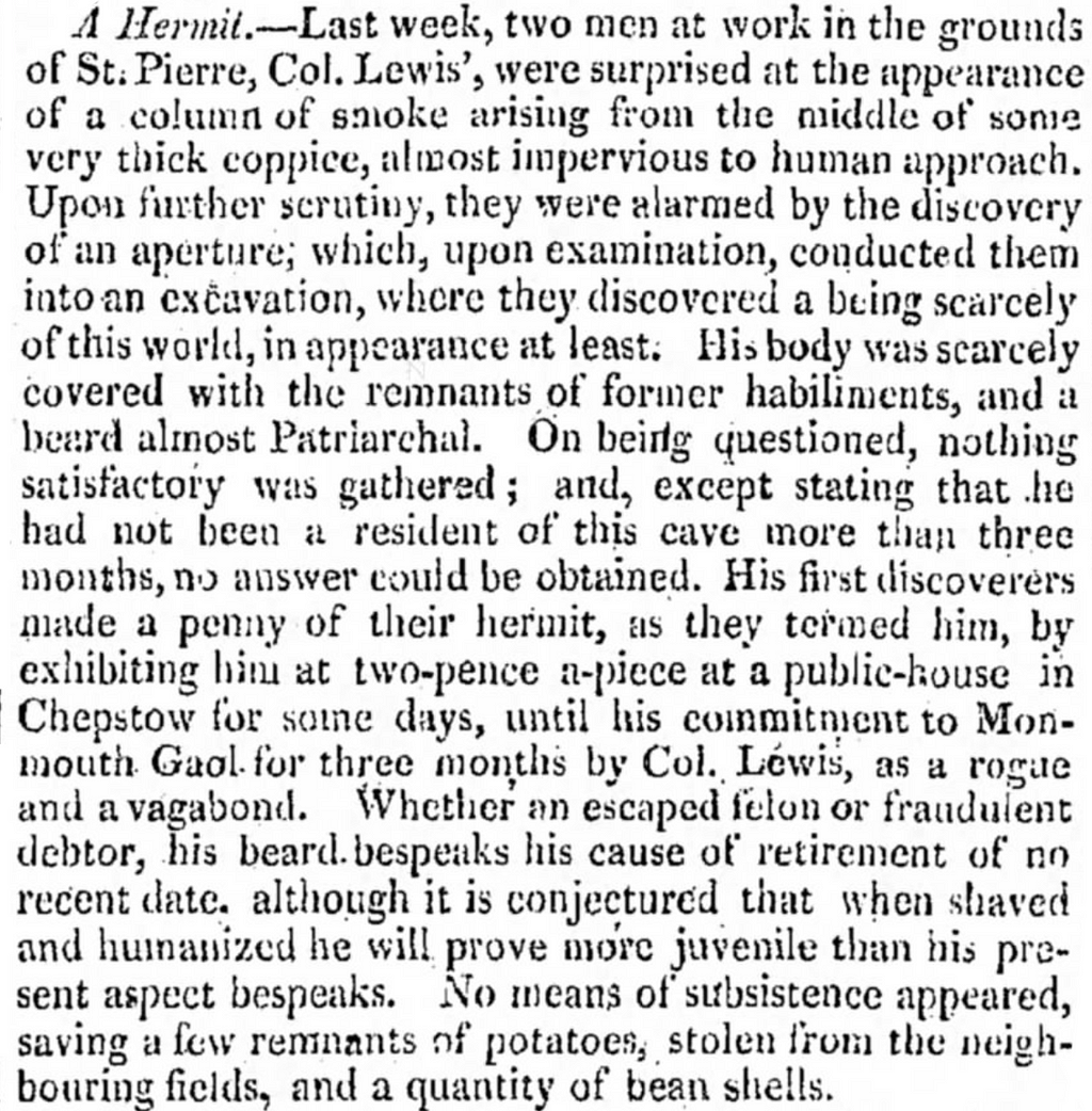 Original text from 1821 newspaper describing a man found in a cave that was advertised as a hermit.