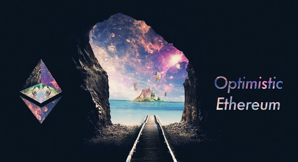 Mystical island landscape emerging at the end of a long tunnel, flanked by an Ethereum logo and “Optimistic Ethereum”.