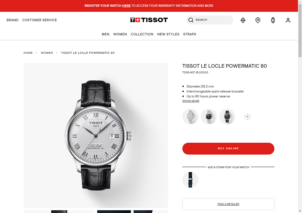 Tissot Le Locle Powermatic 80 watch on the official website