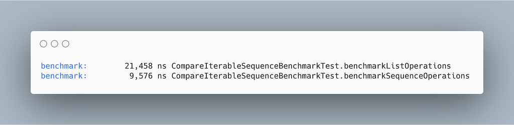 benchmarkListOperations: 21,458 ns ; benchmarkSequenceOperations: 9,576 ns