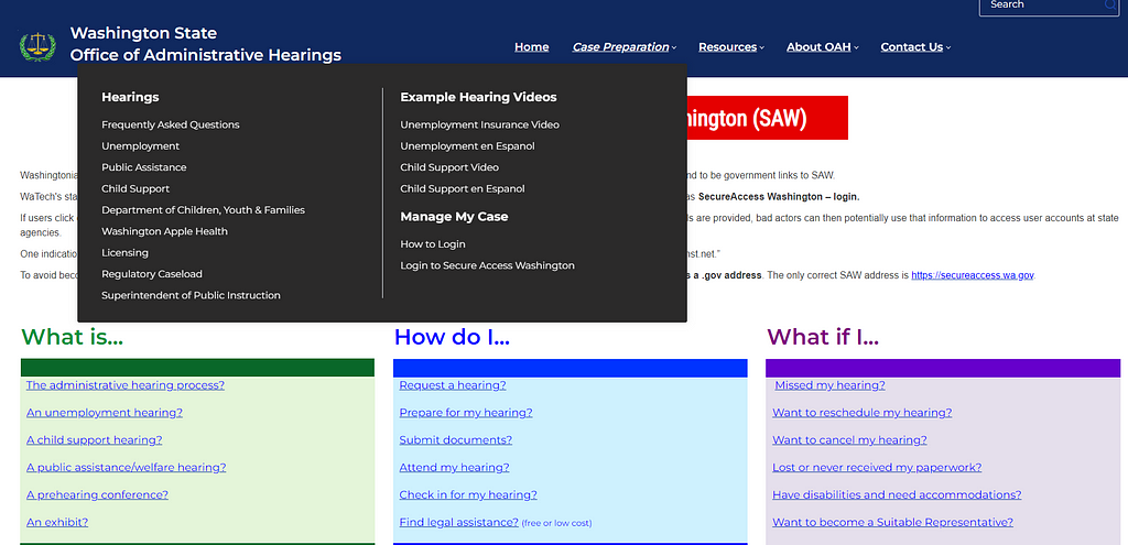 The Office of Administrative Hearings website is shown with the Case Preparation menu displayed in black. There is a dark blue bar along the top of the page. There are many informational links visible on the page in multicolored boxes.