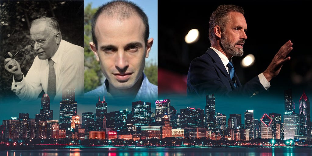Image mashup for a header — Jung, Yuval Noah Harari and Jordan Peterson above a city at night — photo credits — Jung is Public Domain, Yuval is Yuval’s, Jordan is from Gage Skidmore, the city is Unsplash and Max Bender