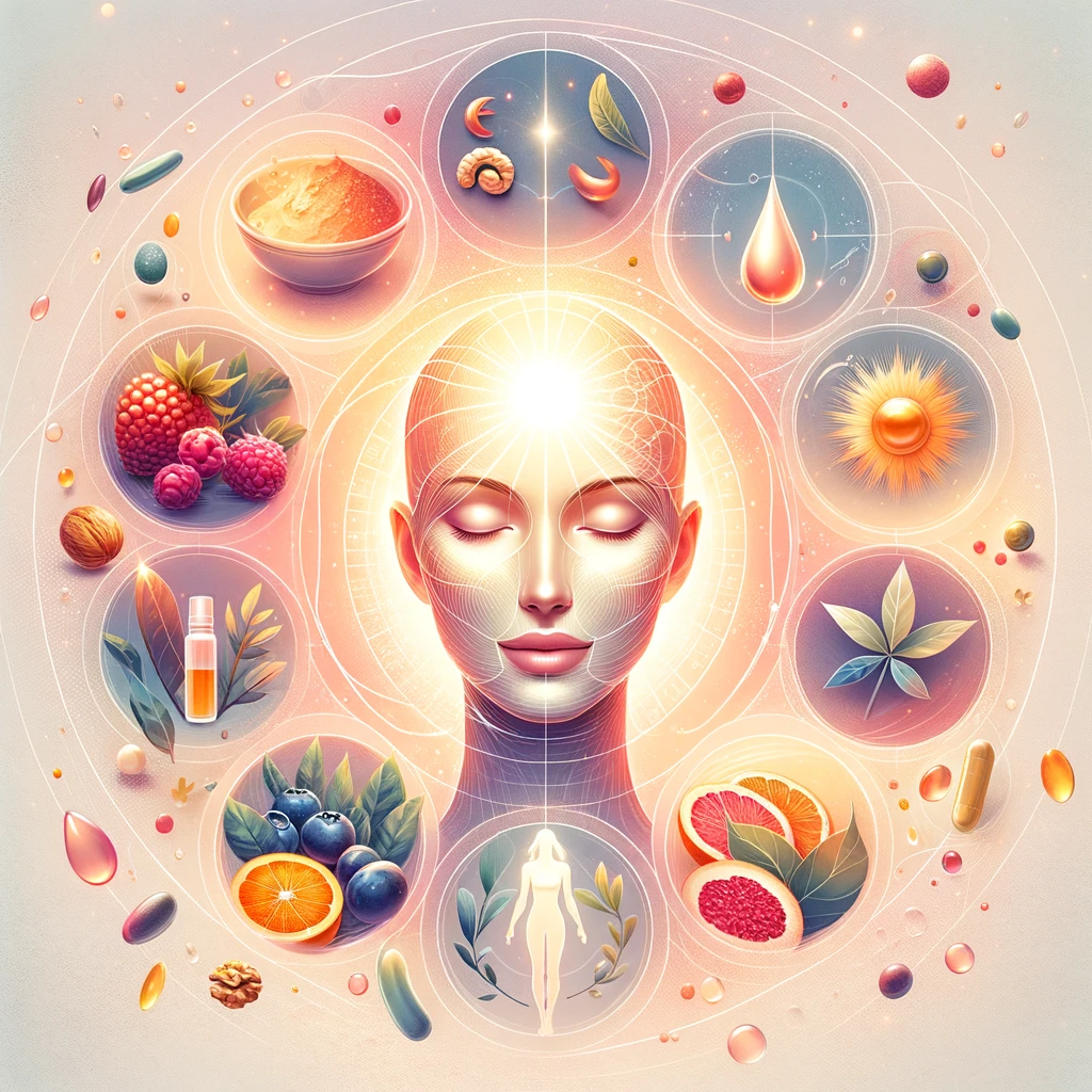 A harmonious illustration depicting the journey to clear, radiant skin. At the center is a luminous, healthy face symbolizing the guide’s ultimate goal. Surrounding this are vignettes of key skincare elements: antioxidant-rich foods like berries, nuts, and leafy greens; a water droplet representing hydration; a figure in motion for regular exercise; a sun with a protective shield for sun protection; and vitamins C, E, and Zinc supplements. These elements are connected by flowing lines, emphasizi