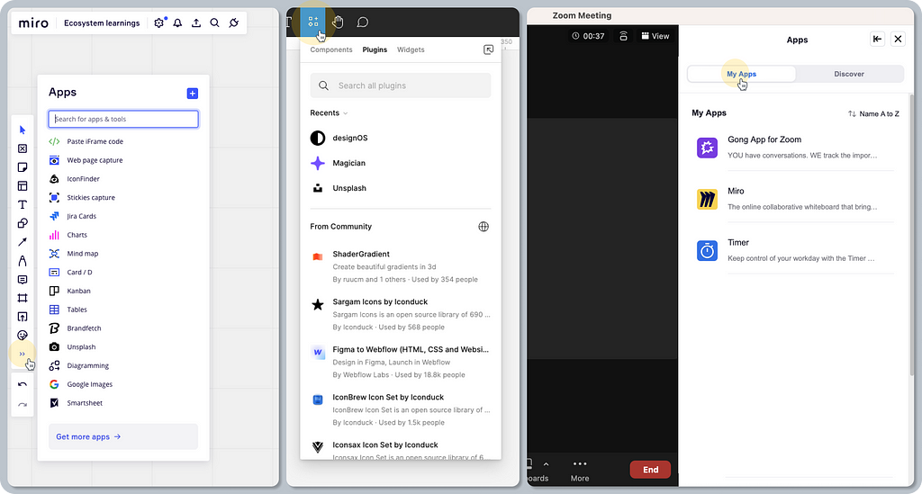 A composition of three screenshots showing a dedicated app menu for launching installed apps and discovering new ones. The first screenshot shows a toolbar in Miro with an “Apps” pop-over next to it. The second one shows a toolbar in Figma with a “Resources” pop-over below. The last one shows the Zoom desktop client with a sidebar opened showing the “My Apps” menu.