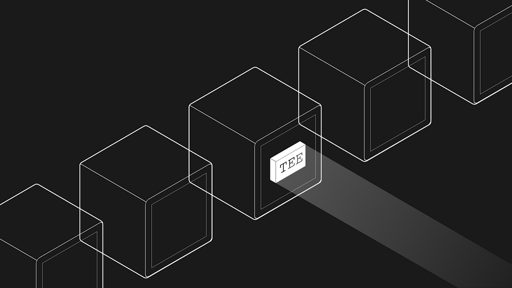 Illustration showing a Trusted Execution Environment (TEE) within a block, with multiple blocks representing the blockchain, highlighting the integration of TEEs for added confidentiality and encryption