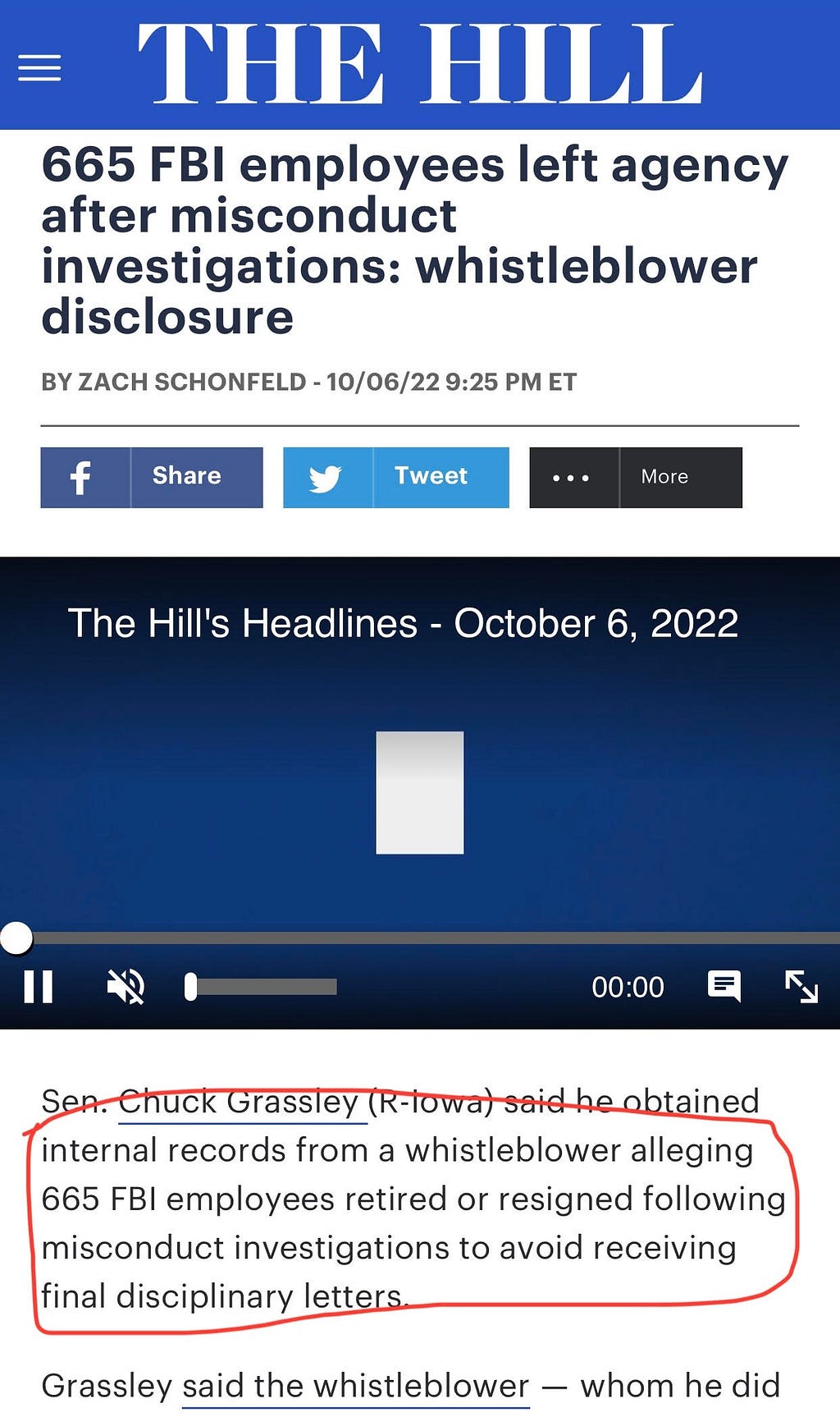 An image of the headline and masthead of The Hill with the story referenced.