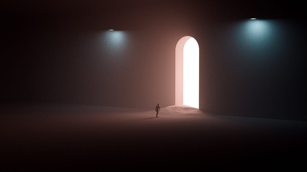 large empty room with a rounded doorway and a person walking toward it