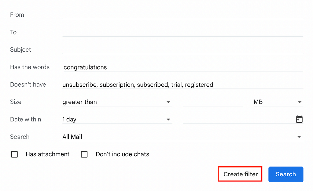 Screenshot of creating a Gmail filter