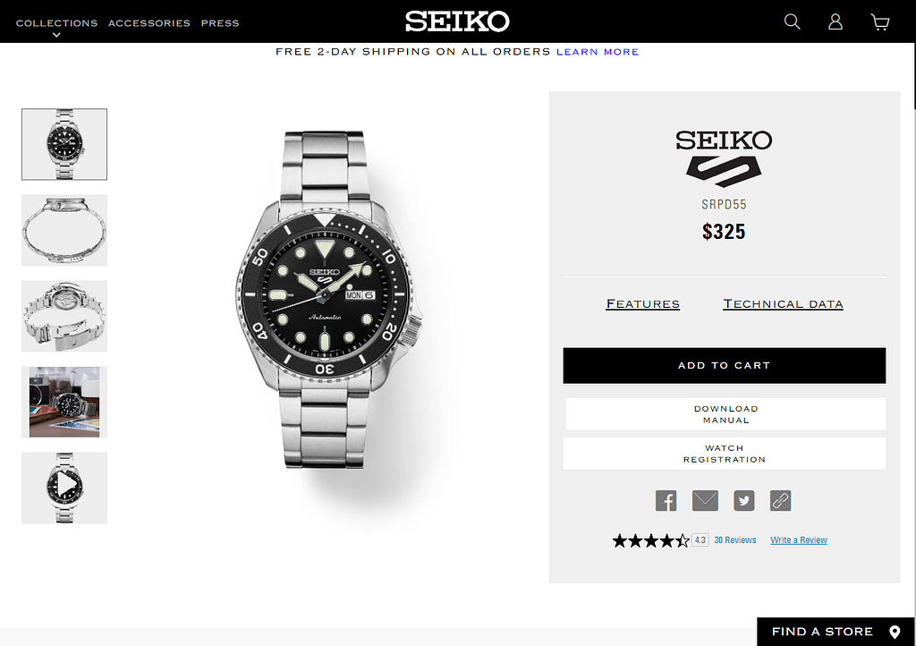 Seiko 5 Sports SRPD watch on the official website