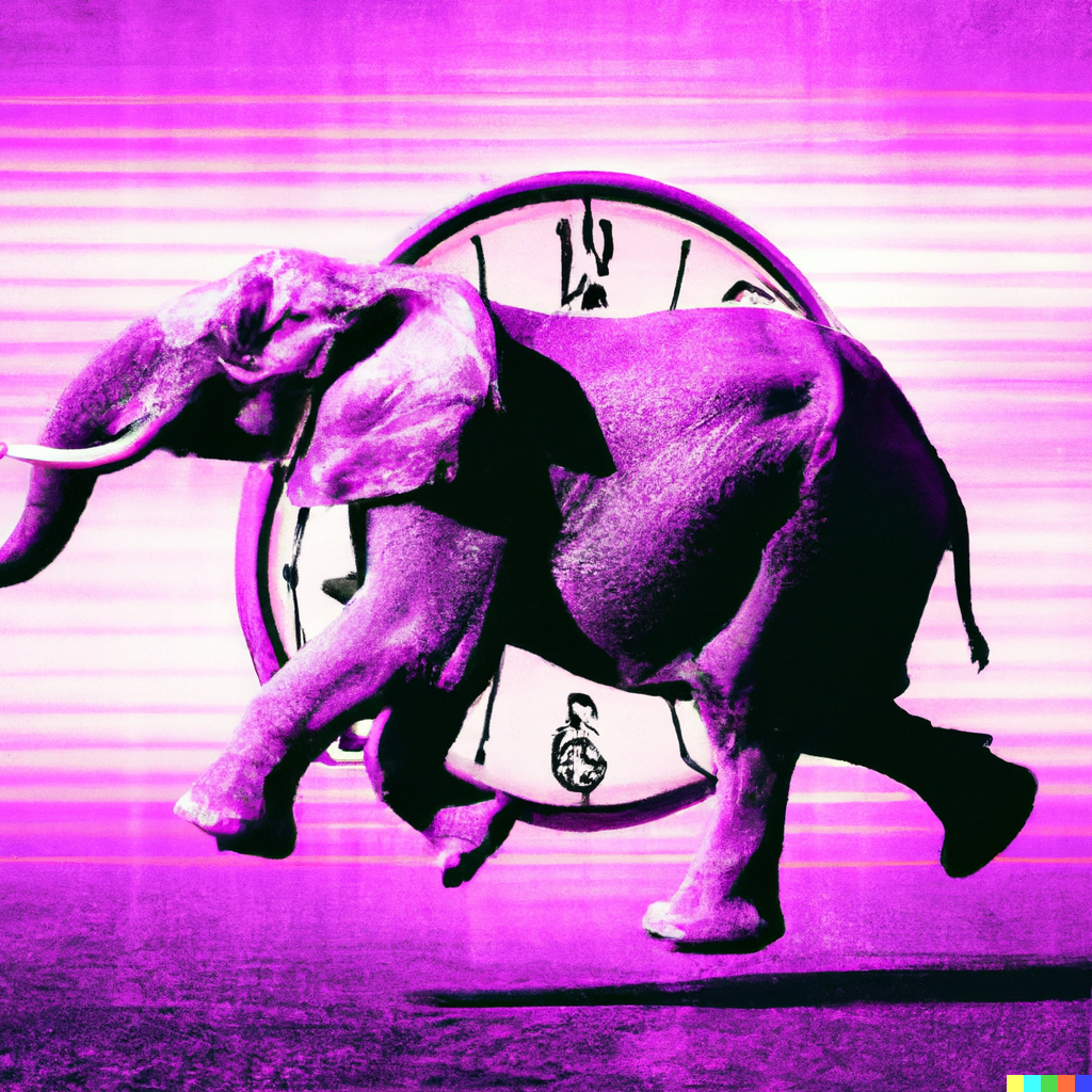 an elephant running fast around a analog clock, vaporwave