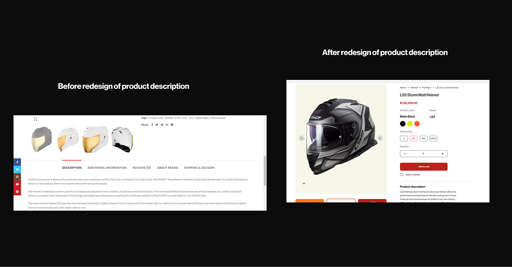 Before and after: the product page. Adding product descriptions closer to the top provides information for users