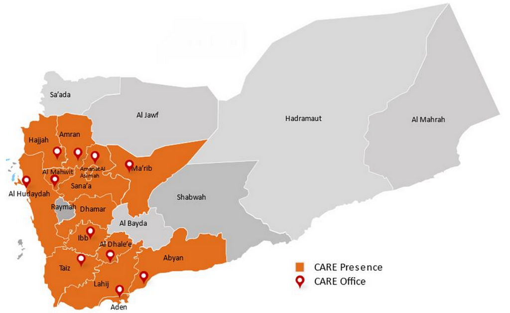 A map of Yemen showing CARE’s presence and office locations in various governorates.