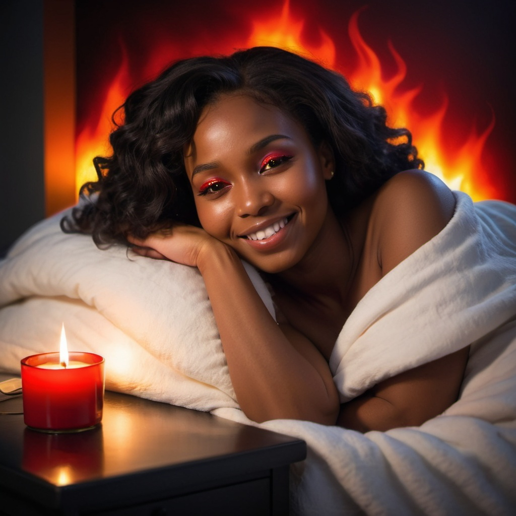 A beautiful Black woman lays blissfully in a bed covered in a luxurious blanket. A candle burns in front of her while flames glow ominously in the background.