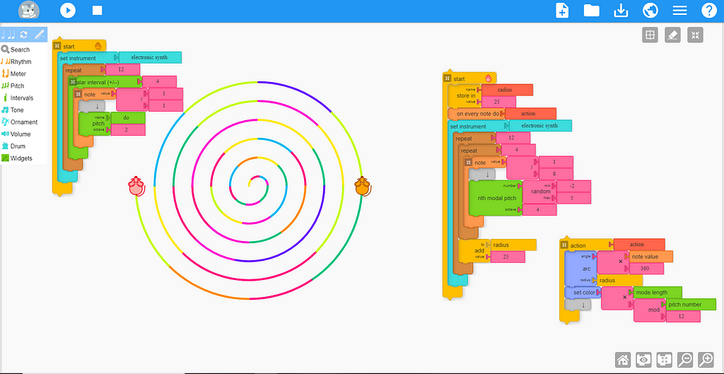 A screenshot of Music Blocks. Visual code is present; at center is a colorful spiral.