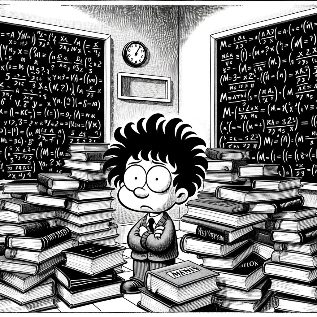 A black and white New Yorker-style cartoon of a student looking extremely puzzled and overwhelmed, surrounded by numerous math textbooks. In the background, a chalkboard is densely filled with complex mathematical equations. The scene is rendered in monochrome to capture the classic essence of traditional New Yorker cartoons.