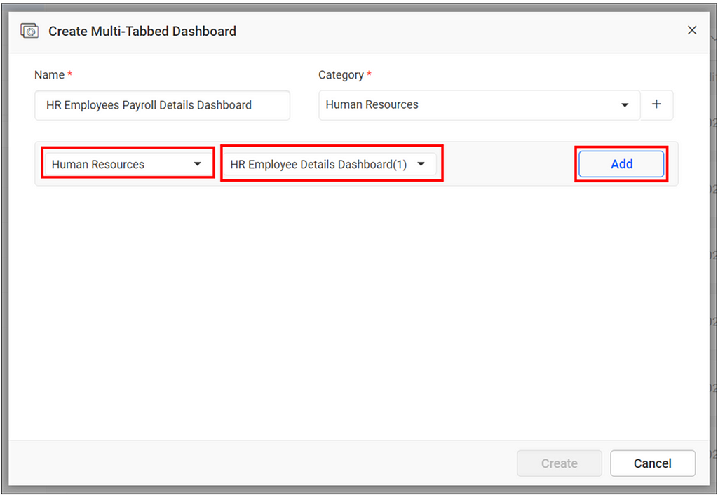 Choose Category and Dashboard Configuration in Multi-Tabbed Dashboard Window