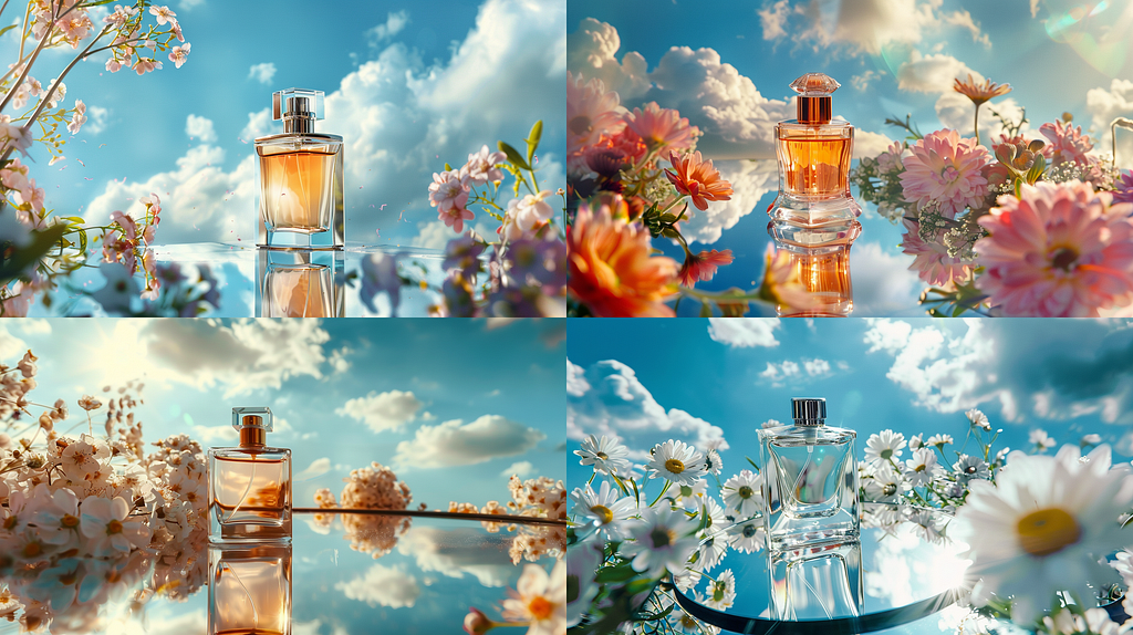 Product photography, a perfume bottle, on top of a mirror againt a bright sky blue sky, with clouds, surrounded by flowers, dreamy serene atmosphere, sunlight refracting, high angle shot