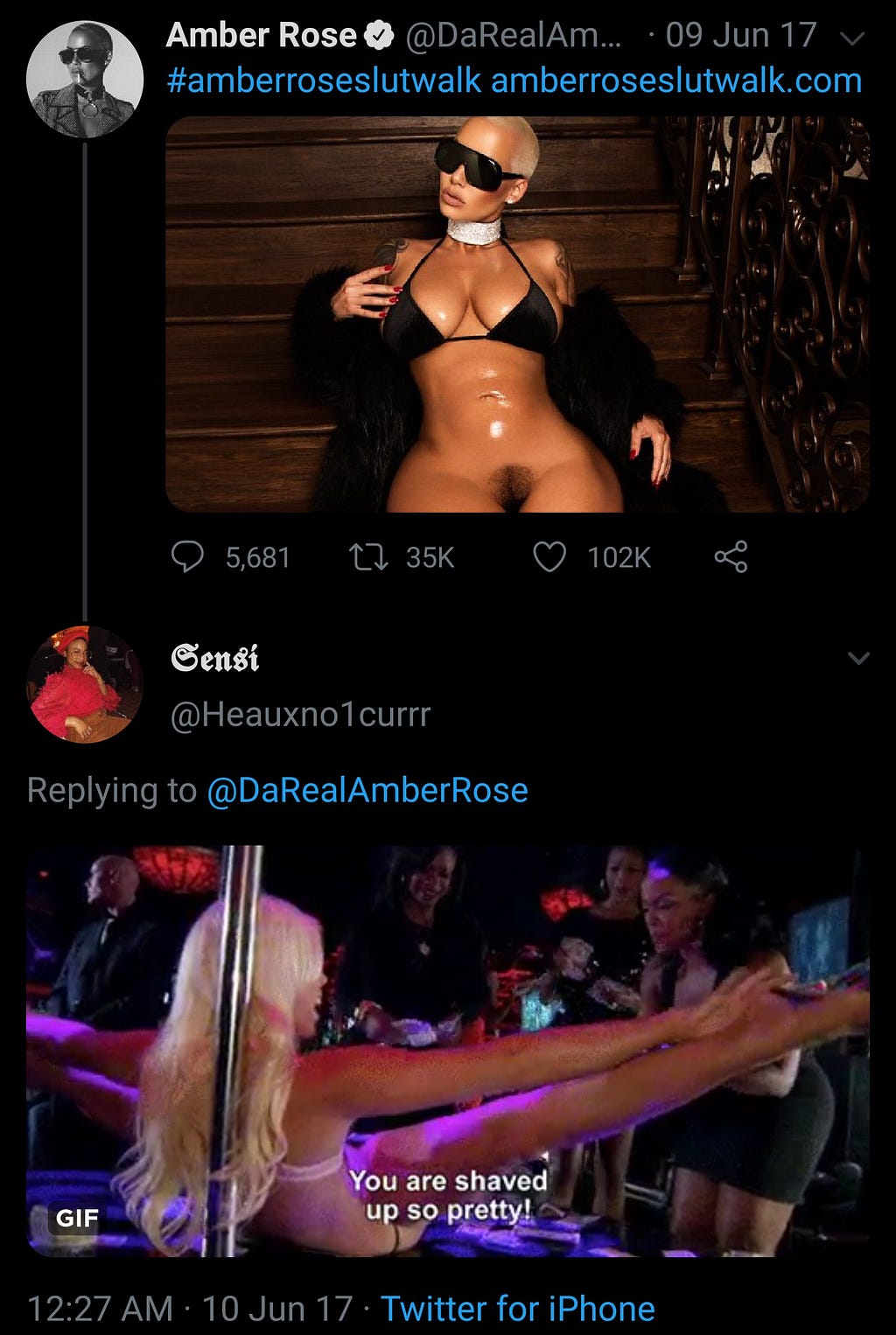 A woman’s positive reply to Amber Rose’s tweet of her exposed pubic area in order to promote her Slut-Walk.