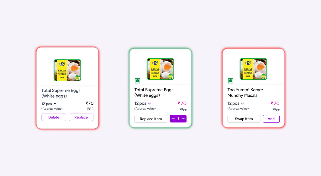 Image of three different product item card images of the same product: Total Supreme Eggs (White eggs) — Iteration process of item card image