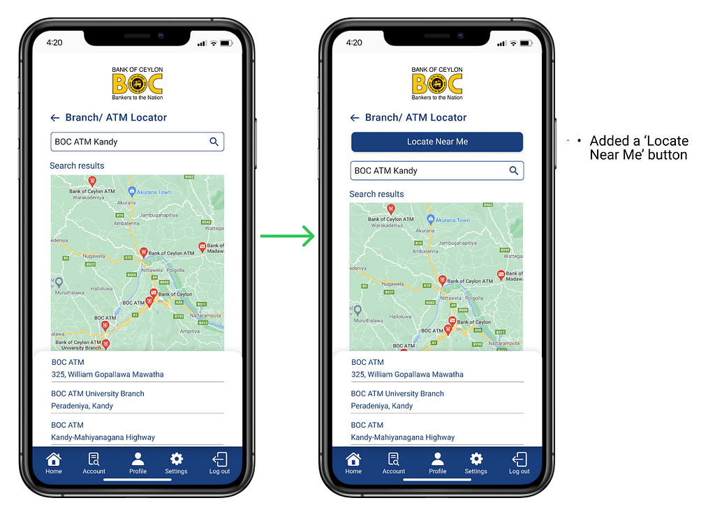 Before & after iteration: ‘Branch/ATM locator’