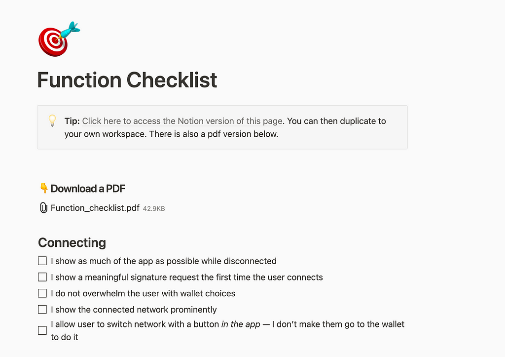 A screenshot of the Functions checklist on the Web3 UX Handbook
