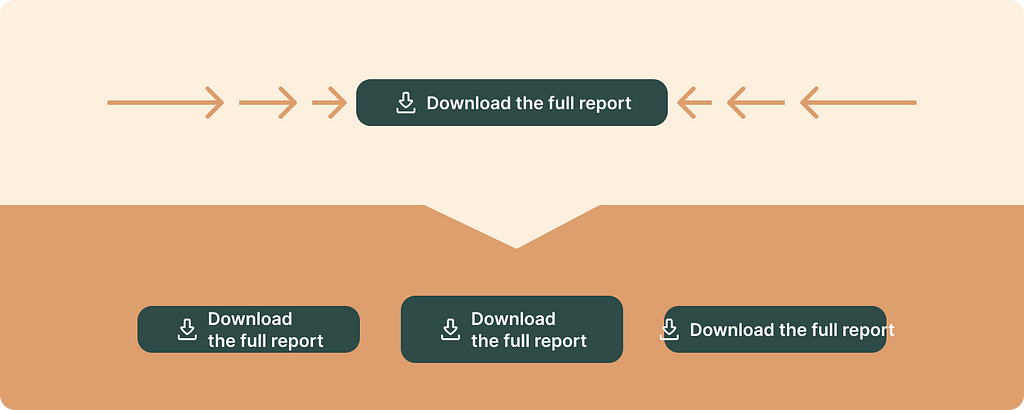 A graphic with “Download the full report” buttons. The top section has one centered button, while the bottom shows three unevenly sized buttons. The inconsistent size and misaligned icons/text of the bottom buttons create a lack of visual uniformity in the design.