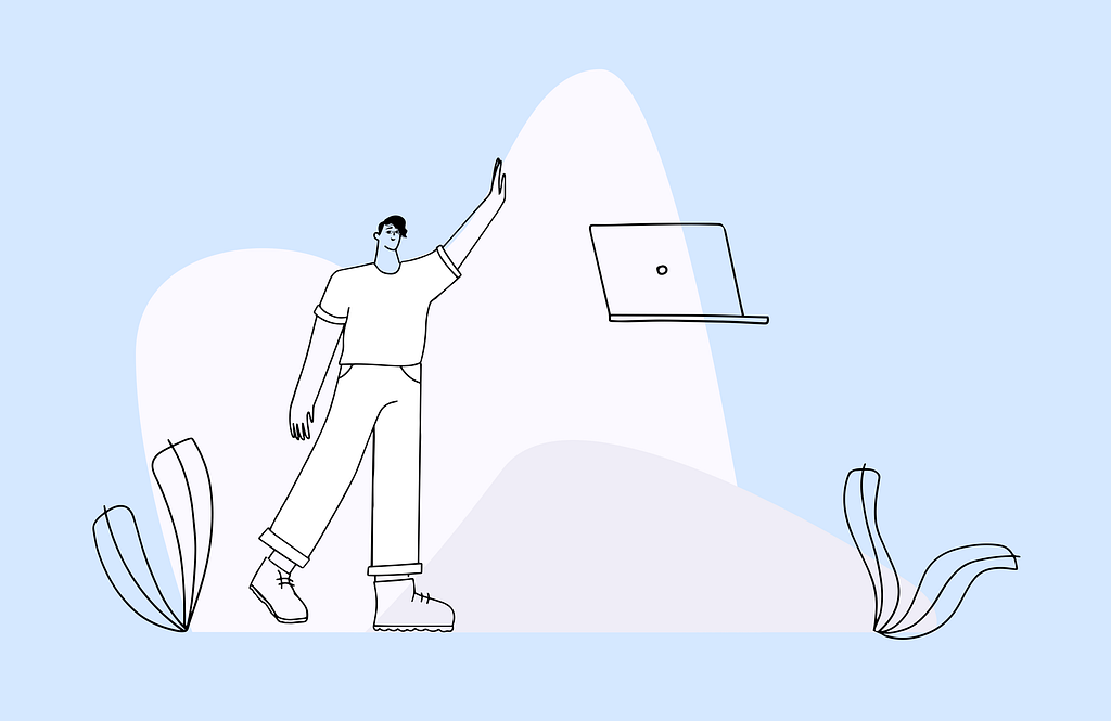An illustration of a person, a computer, and two plants