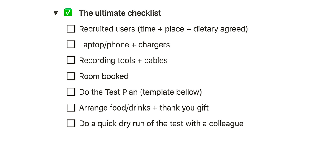 Screenshot of checklist which includes for eg. getting equipment and chargers and doing a quick dry run of the test.