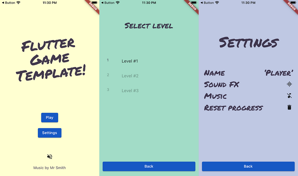 Screenshots of the 3 main screens from the FCGT sample app: Main menu, Select Level & Settings