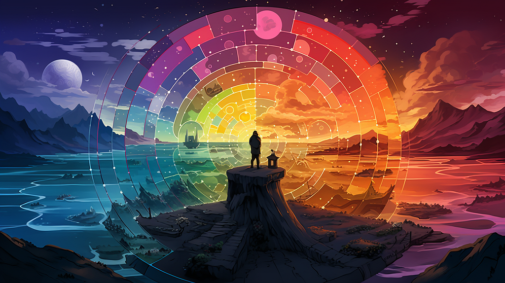 a cartoon illustration with a man standing on top of a rock in front of large multi-colored rainbows, in the style of intricately mapped worlds, calming symmetry, panoramic view