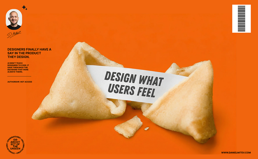 Broken fortune cookie on an orange background with a message reading “Design what users feel,” symbolizing insight about user experience and product perception.