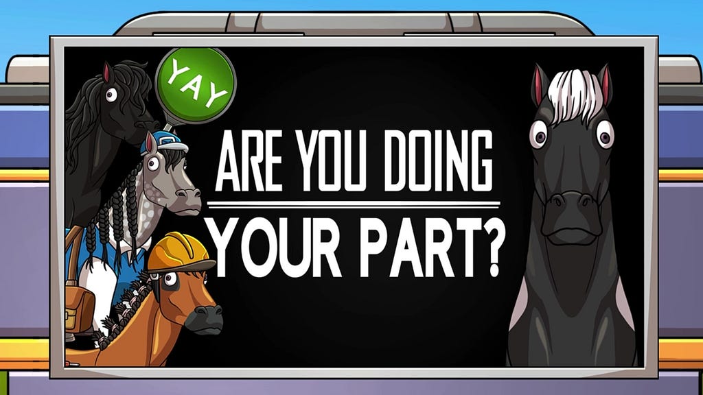 An illustrated billboard taken from a scene in The Glue Factory pilot series that features 3 worker horses in their respective job uniforms. Large text that reads ‘Are you doing your part?’ and a profile shot of Edwina the administrator of this new equine world.