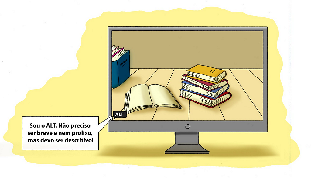 Ilustração de uma tela de computador apresentando a imagem de livros e um botão de ALT apresentando um texto informativo sobre como usar o recurso.