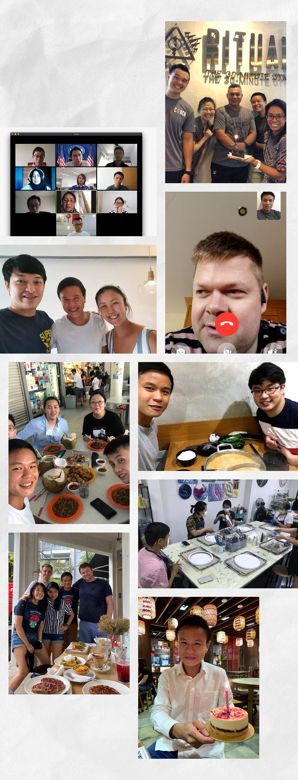 Photo collages of catch-ups with friends, former and present colleagues.