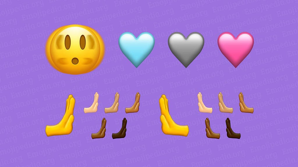 Proposed new emoji, including shaking face, high fives, and blue, gray, and pink hearts