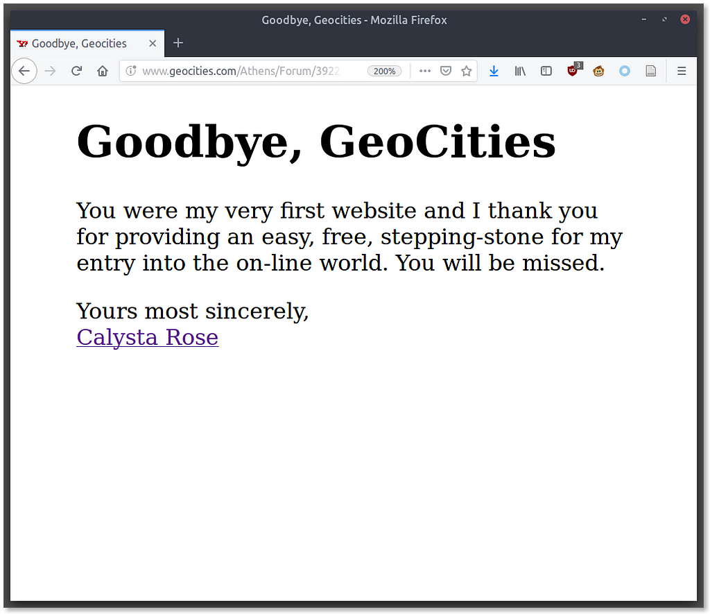 A good-bye message to GeoCities upon its 2009 shutdown.