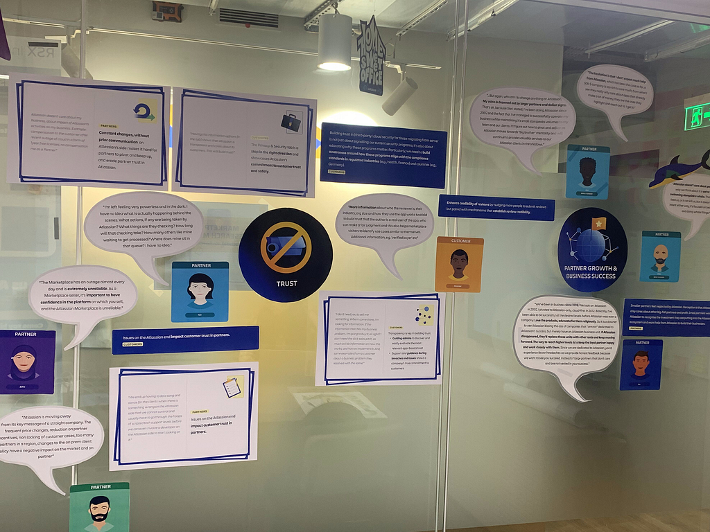 Printouts of illustrations, verbatim quotes, and research insights are taped onto a glass wall