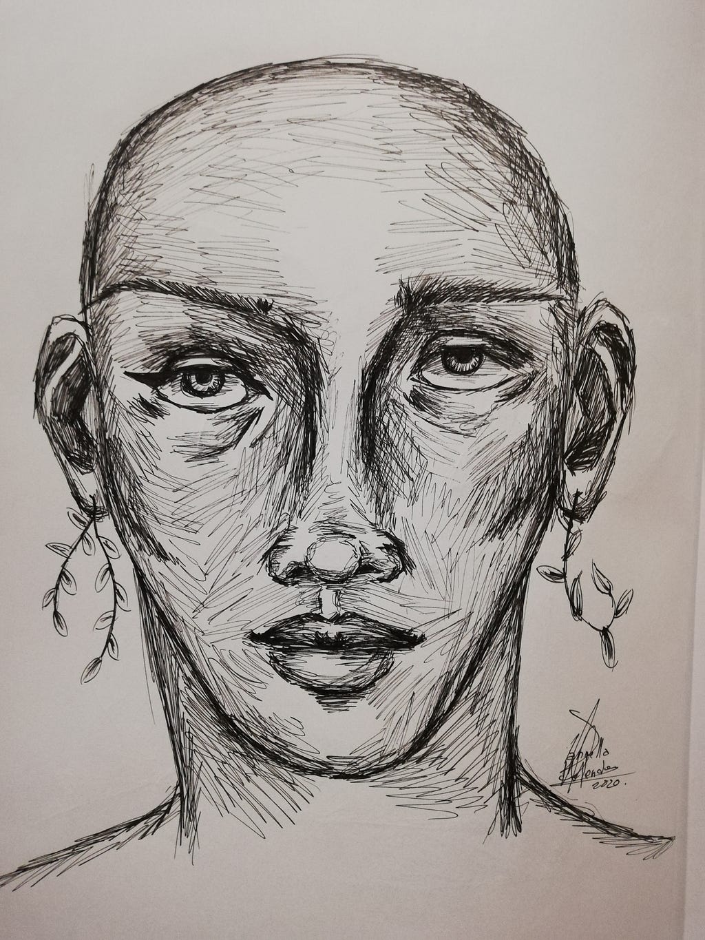 Portrait, a bald person with long nose and tired eyes. The piece is black and white and was made with pen and the face has been shaded with crosshatching and soft lines. At the bottom right there is a signature with a “2020”, signifying the year the artowk was made.
