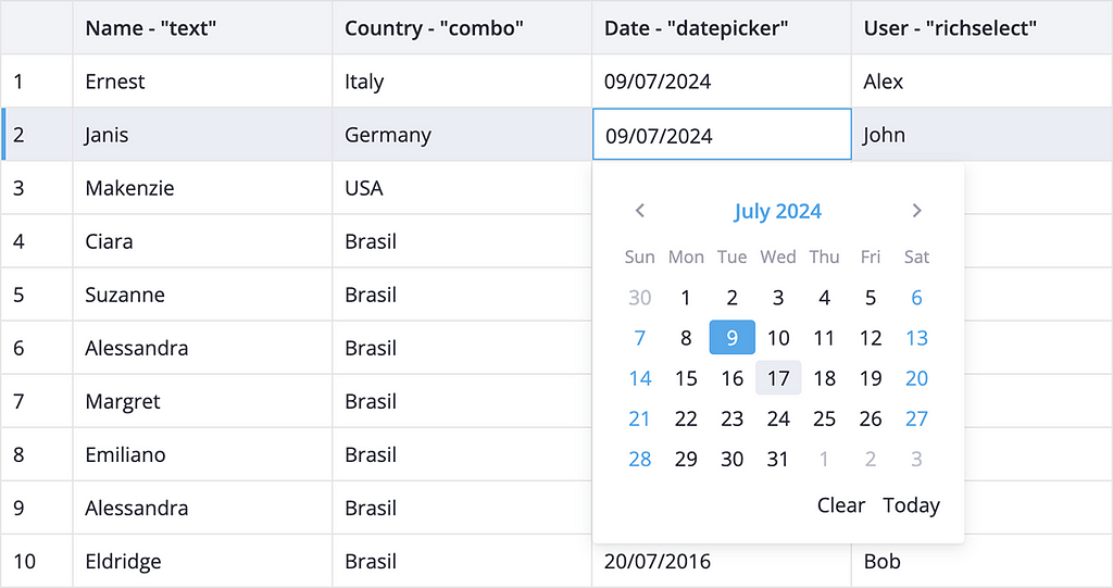 SVAR Svelte DataGrid screenshot with a date picker as a cell editor