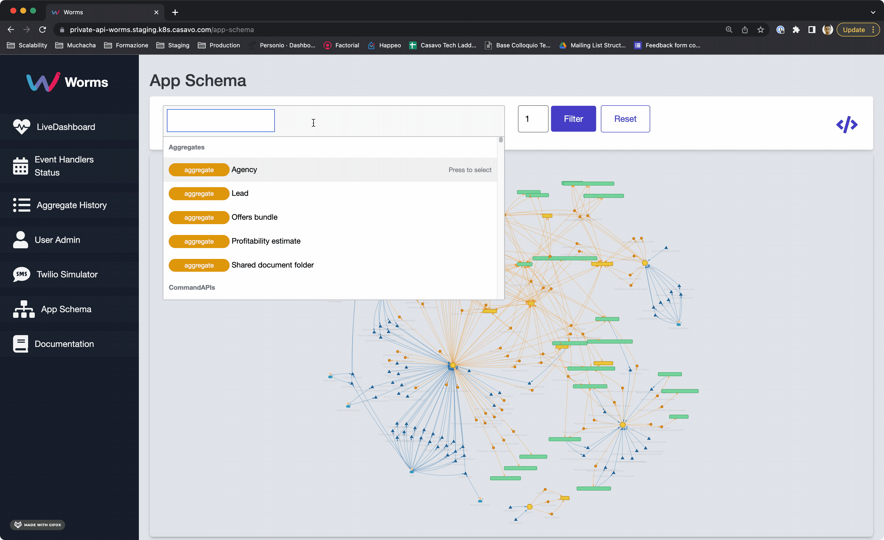 The app schema visualizer in action, shows the graph for the PropertyInformationConfirmed domain event