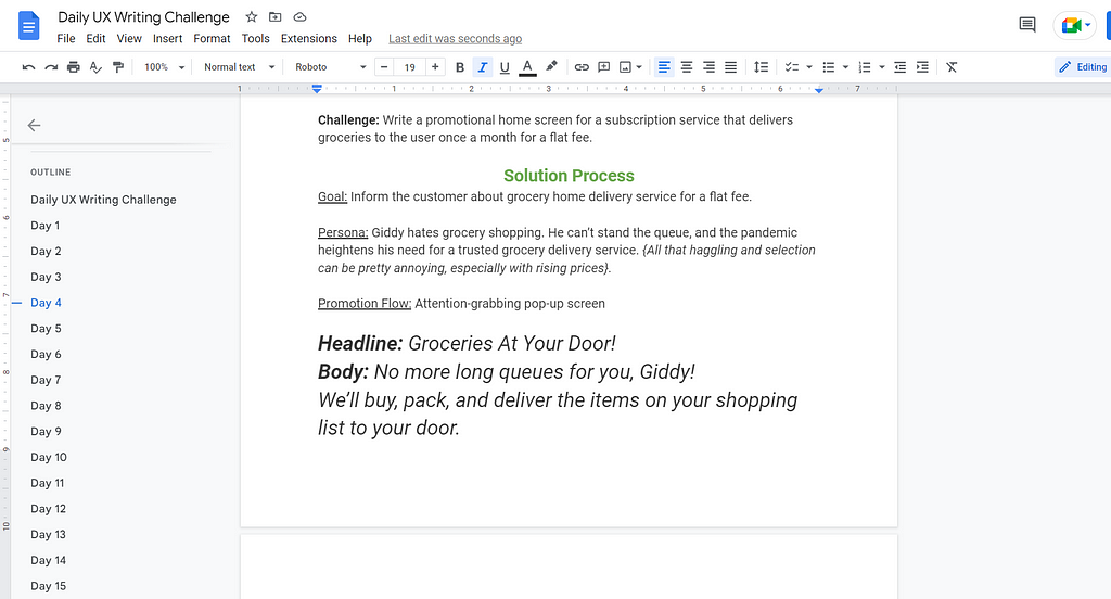 Screenshot of my google docs showing my user story and thought process